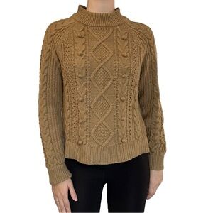 J. Crew Sweater Pom Pom Cable Knit Brown Wool Fall Casual Minimalist Size Small